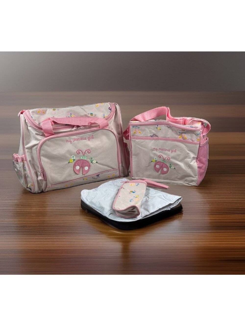 4 Pc Baby Nappy Diaper Bag Set Mother nursing lot my Precious Girl Pink Ladybug